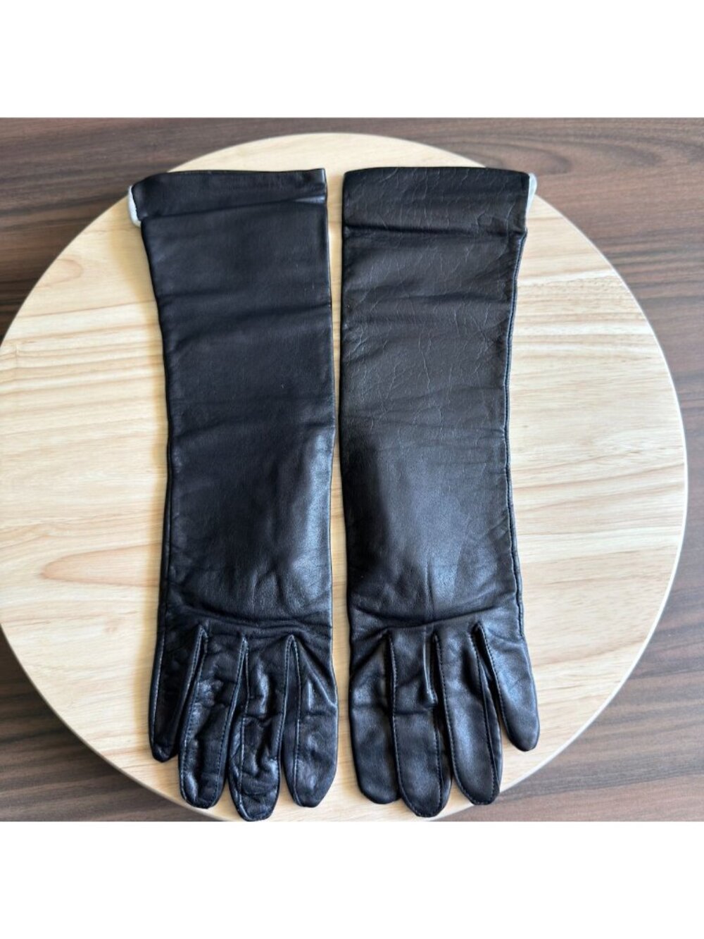 Vintage Womens Black Leather 7-1/2 Opera Gloves Lined 14" Long